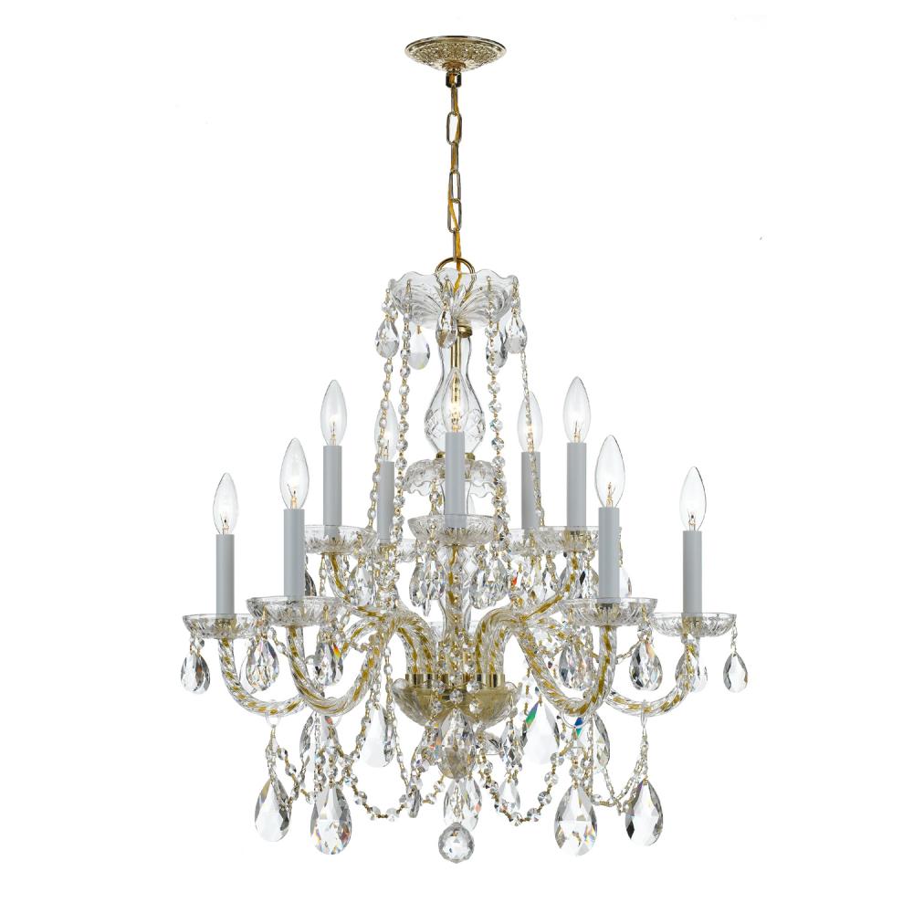 Traditional Crystal 10 Light Hand Cut Crystal Polished Brass Chandelier