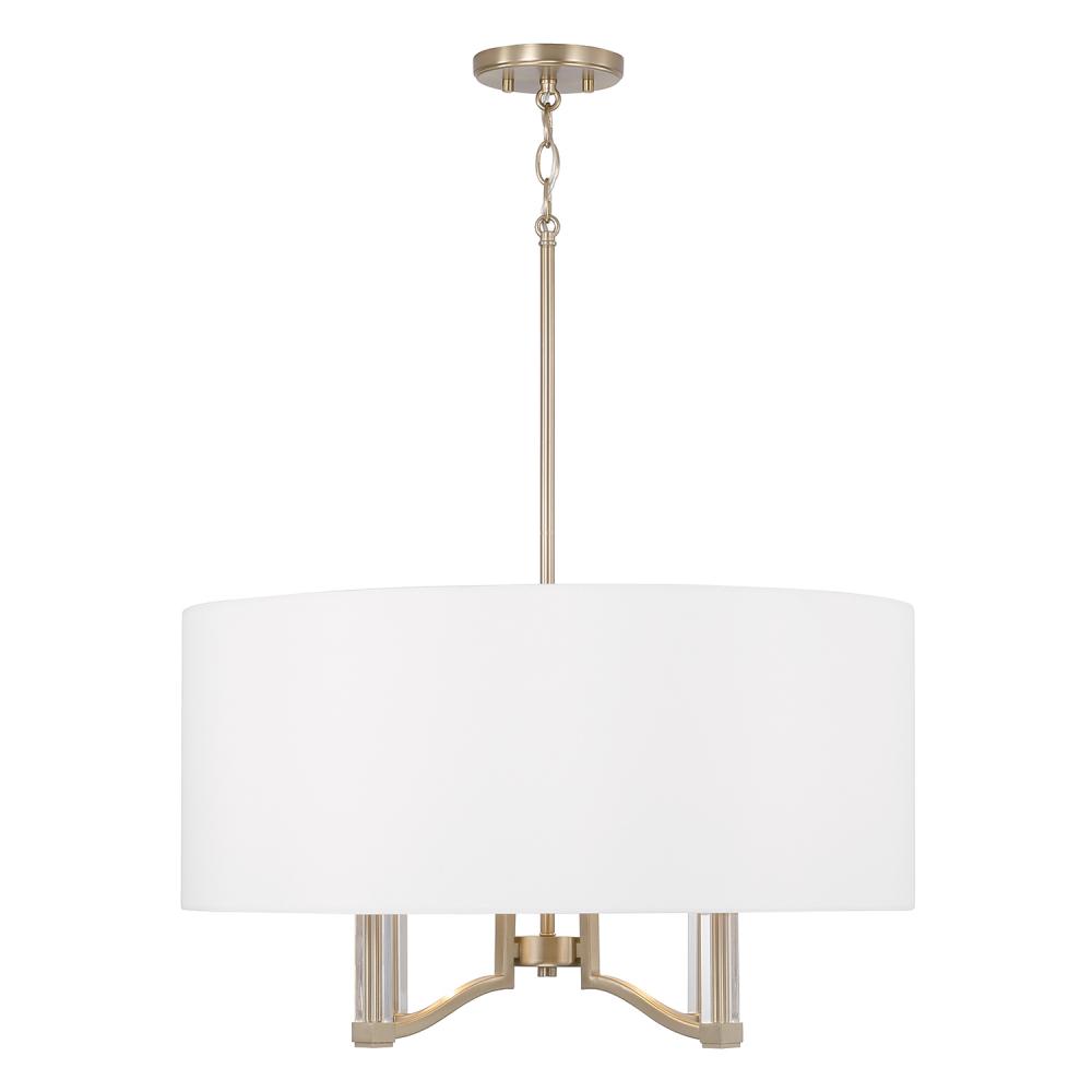 4-Light Pendant in Matte Brass with Clear Acrylic Accents and White Fabric Shade