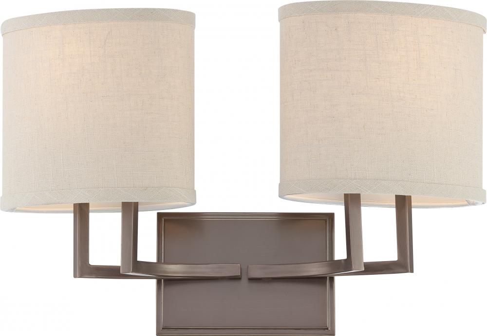 Gemini - 2 Light Vanity with Khaki Fabric Shades - Hazel Bronze Finish