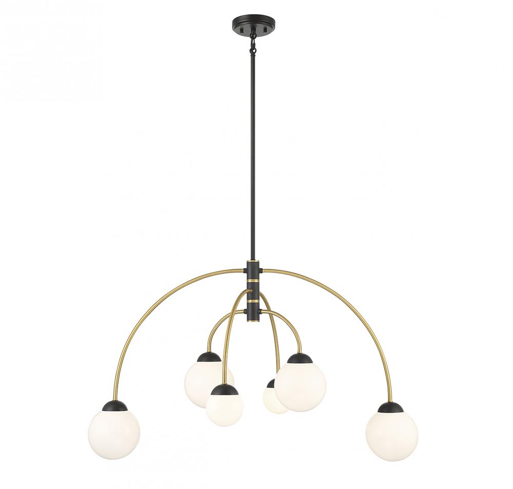 6-Light Chandelier in Matte Black with Natural Brass